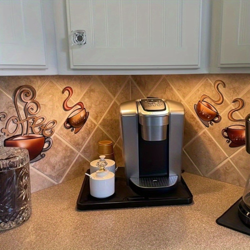 4Pc Reusable Retro Coffee Mug Wall Art Peel & Stick Metal Decor Set