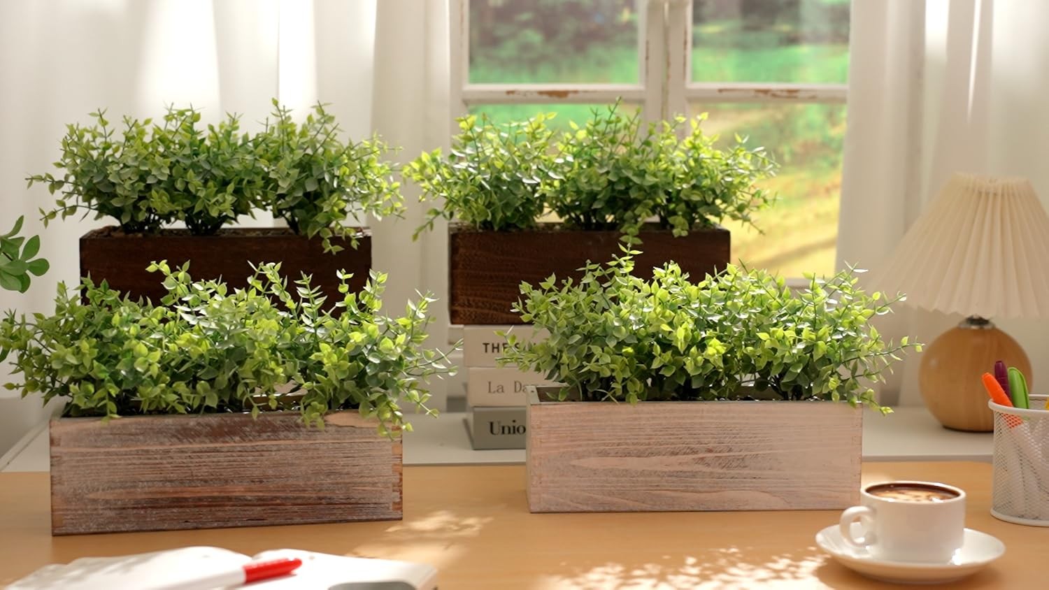 2 Pack Artificial Eucalyptus Plant in Rustic Rectangular Wooden Planter Box Gree