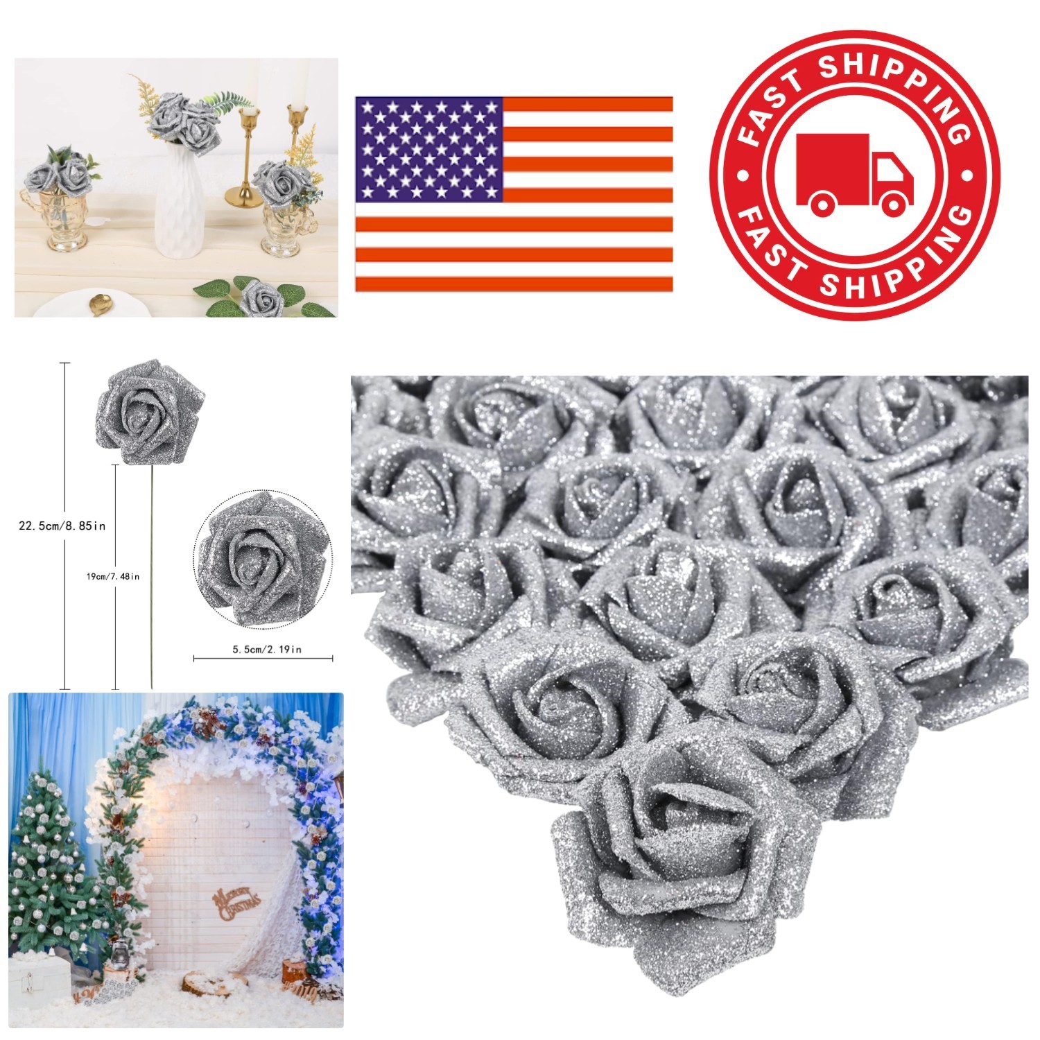 25PCS Silver Glitter Roses with Stems 2.19 Inch Foam Flowers for Home Decor