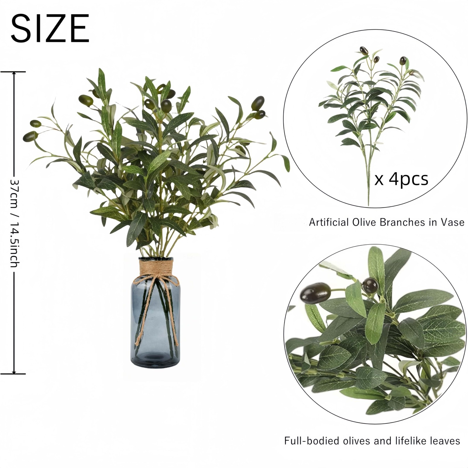 Artificial Plants Olive Branch in Glass Vase, 14.5” Fake Plant Greenery Stems…