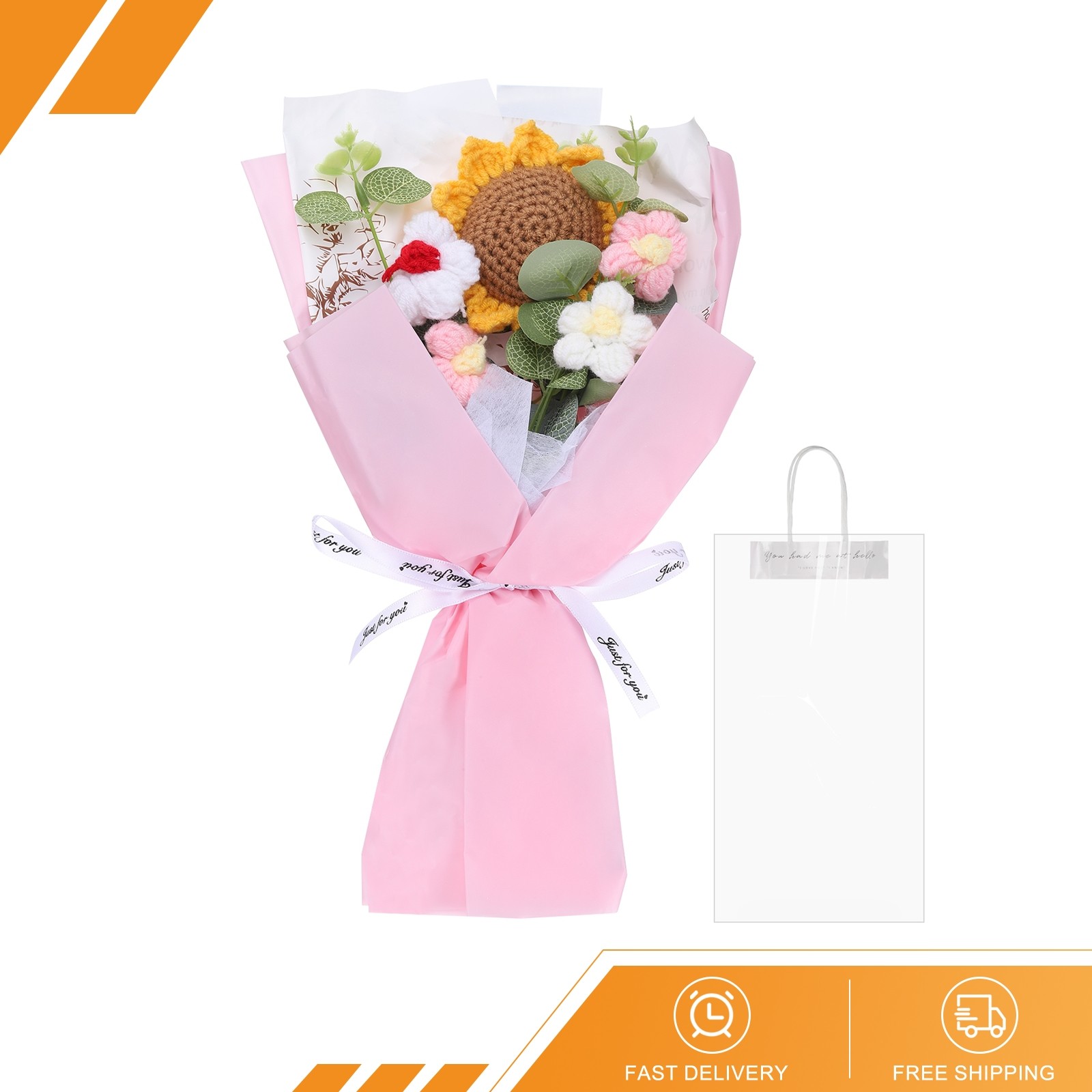 Crochet Flowers Bouquet Handmade Artificial Bouquet Sunflower Pink New