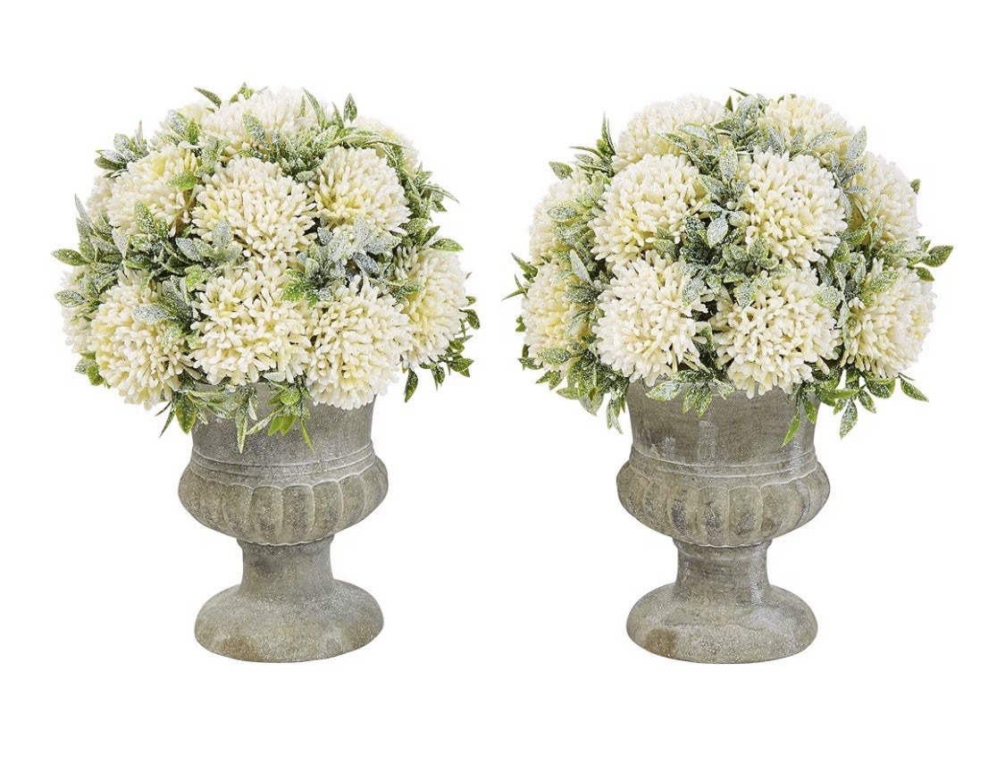 Pure Garden Artificial Floral Arrangement 9.5″ Faux Plant w/ Urn White Set of 2
