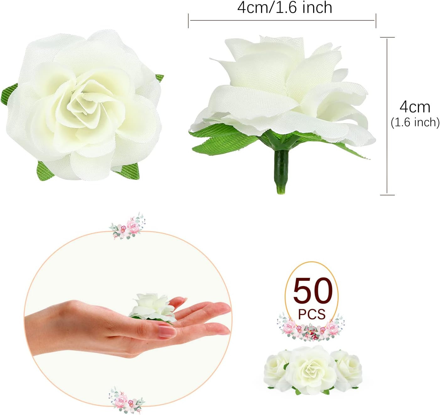 KESOTE 50pcs Mini Ivory White Roses Artificial Flowers Bulk, 1.6″ Small Silk …