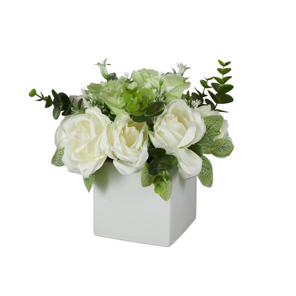 10 In. White Artificial Flower with Green Leaves and Square Ceramic Vase