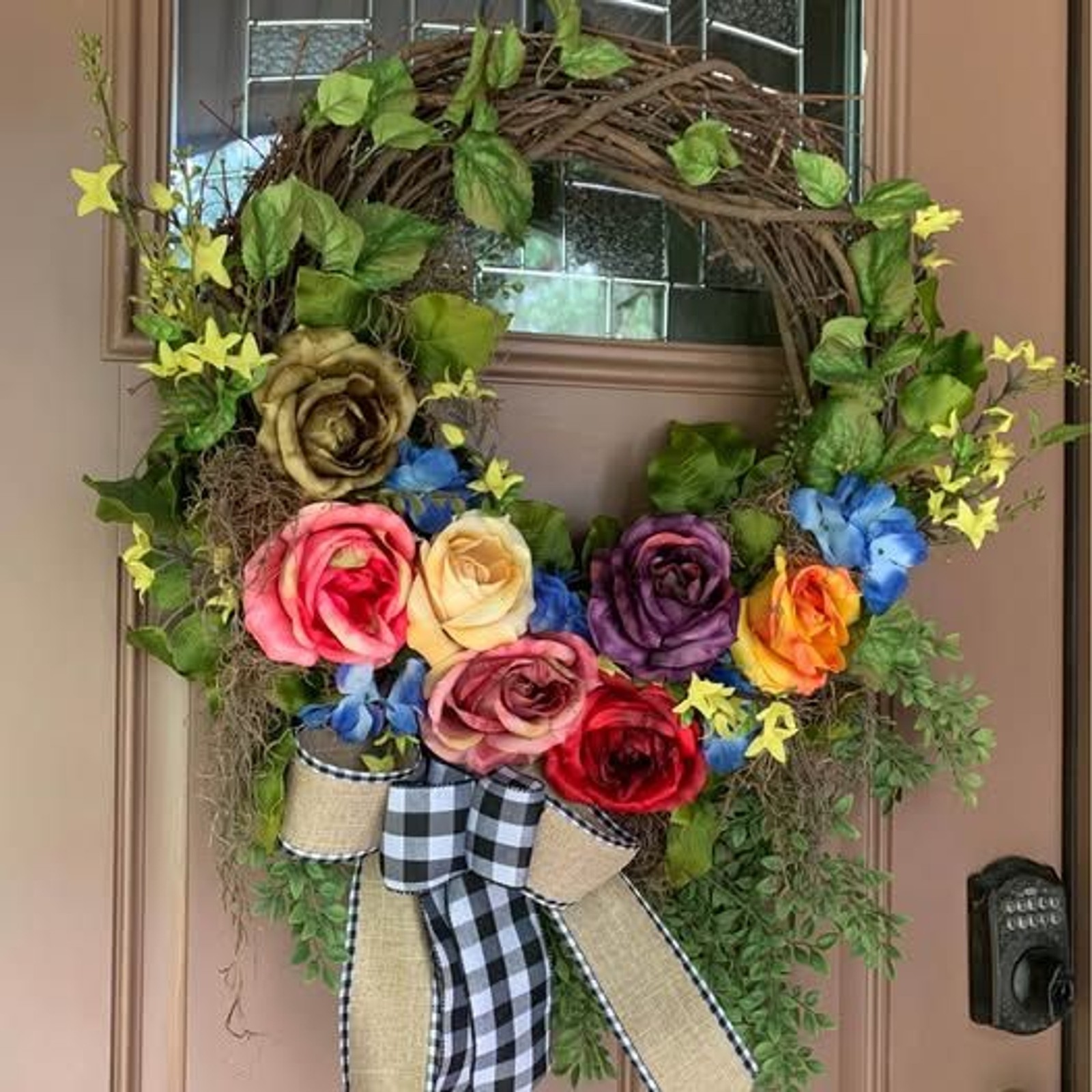 Floral Summer Roses Wreath for Spring Summer with Buffalo Check Bow 26 inch