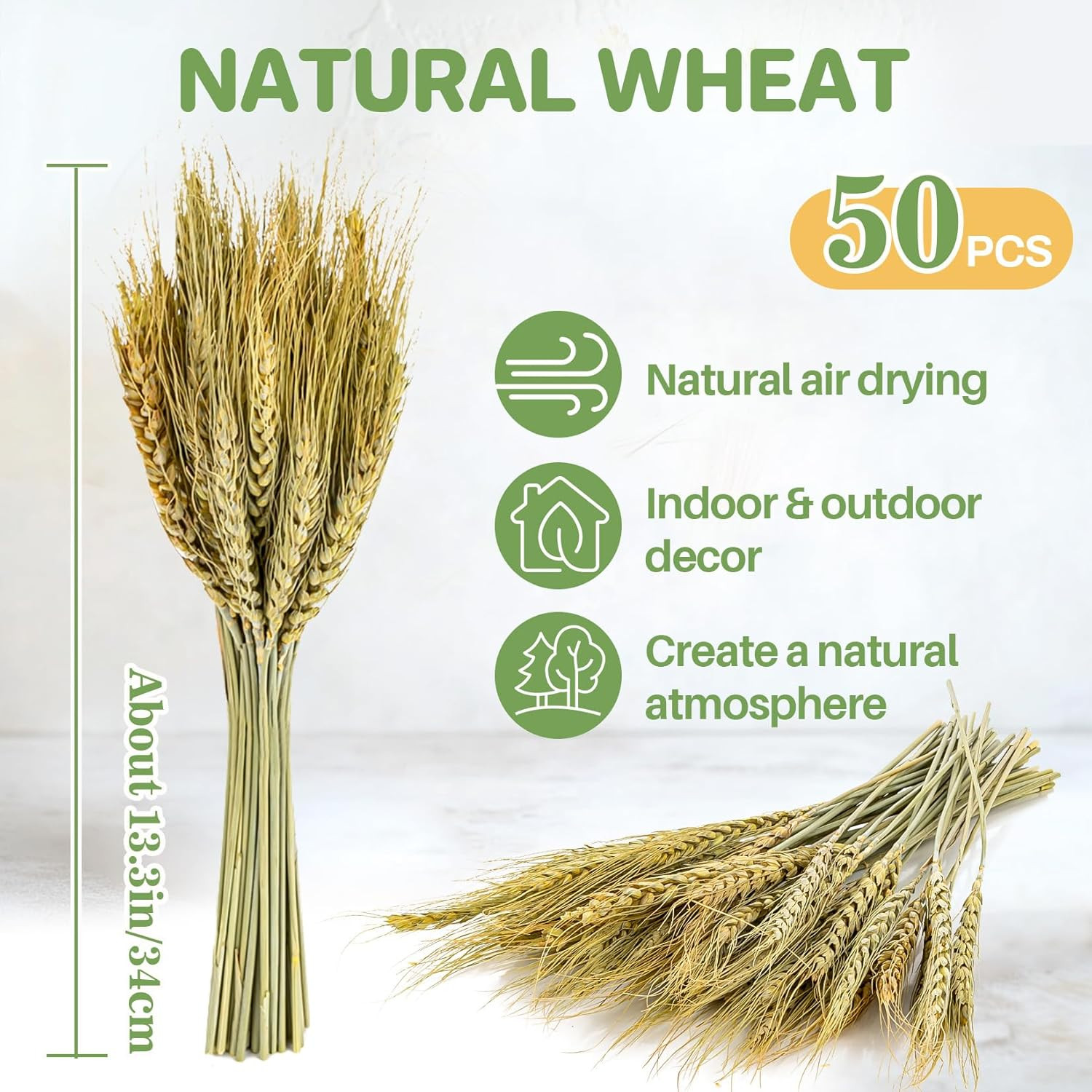 Dried Flowers for Vase – 50 Stems Natural Cyan Wheat Straw Grass 13.3 Inches Gra