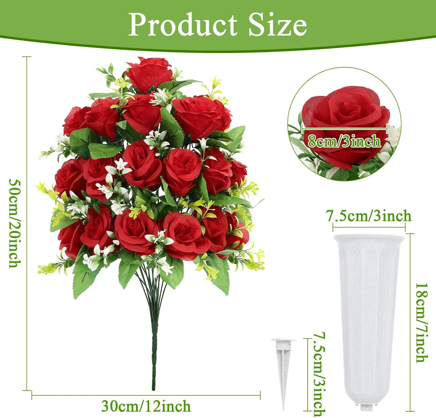 2Pcs Artificial Cemetery Flowers with Vase for Grave, Silk Memorial Day Rose Flo
