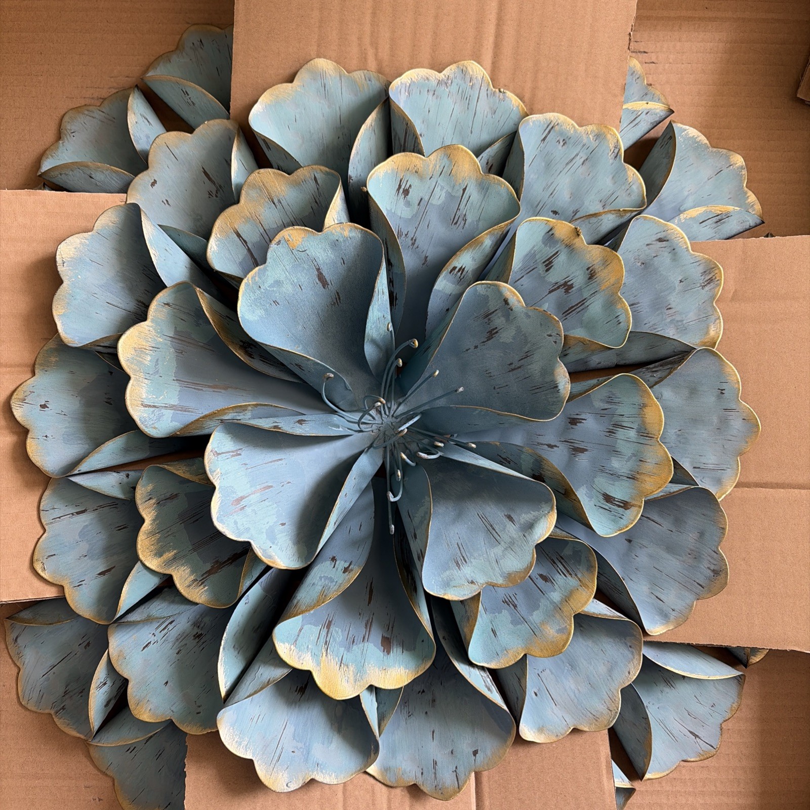 3D Metal Art Wall Hanging Succulent Large 24” Teal Gold Flower Garden Home Decor