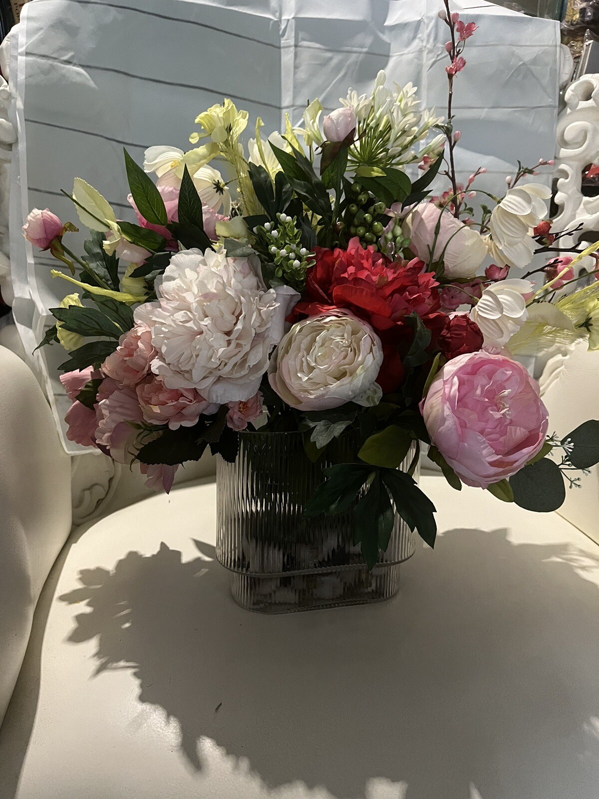 Custom made Lush Luxurious flower arrangements In a Mid century Ribbed Vase