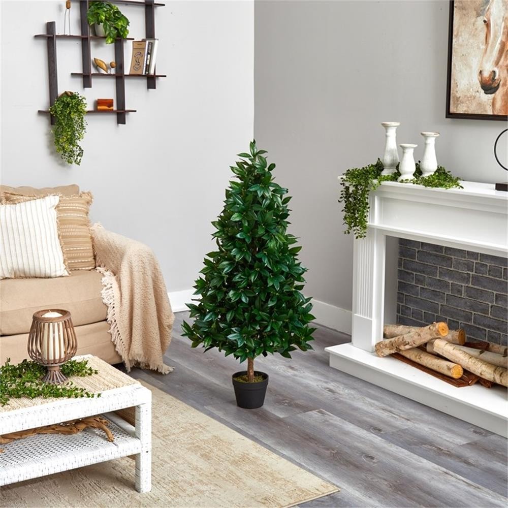 Pemberly Row 48″ Bay Leaf Artificial Topiary Tree UV Resistant in Green/Black