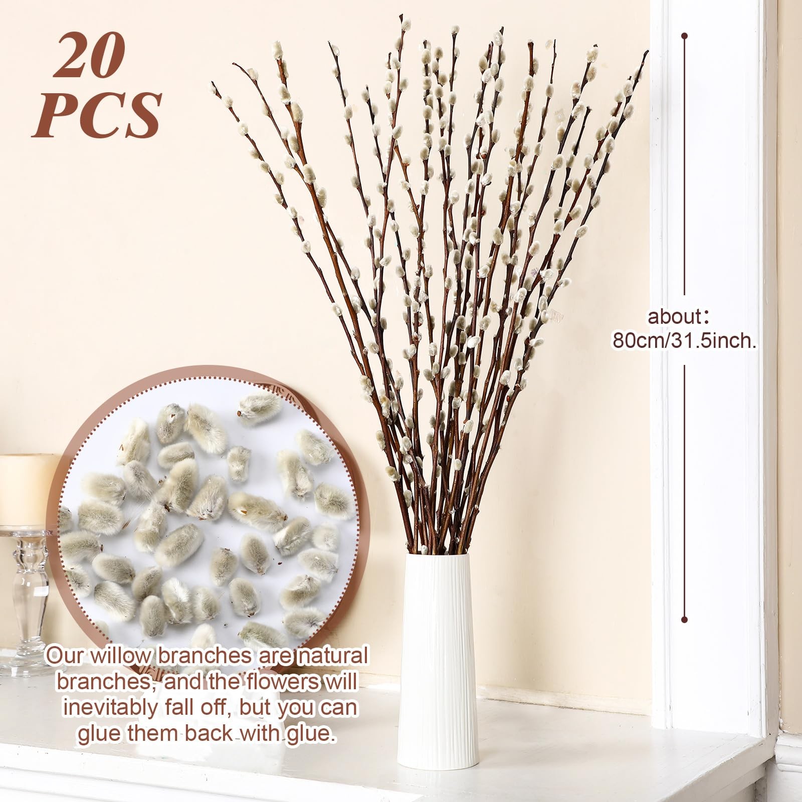 20 Stems 31.5” Real Dried Pussy Willow Branches for Vases 100% Natural Tall …