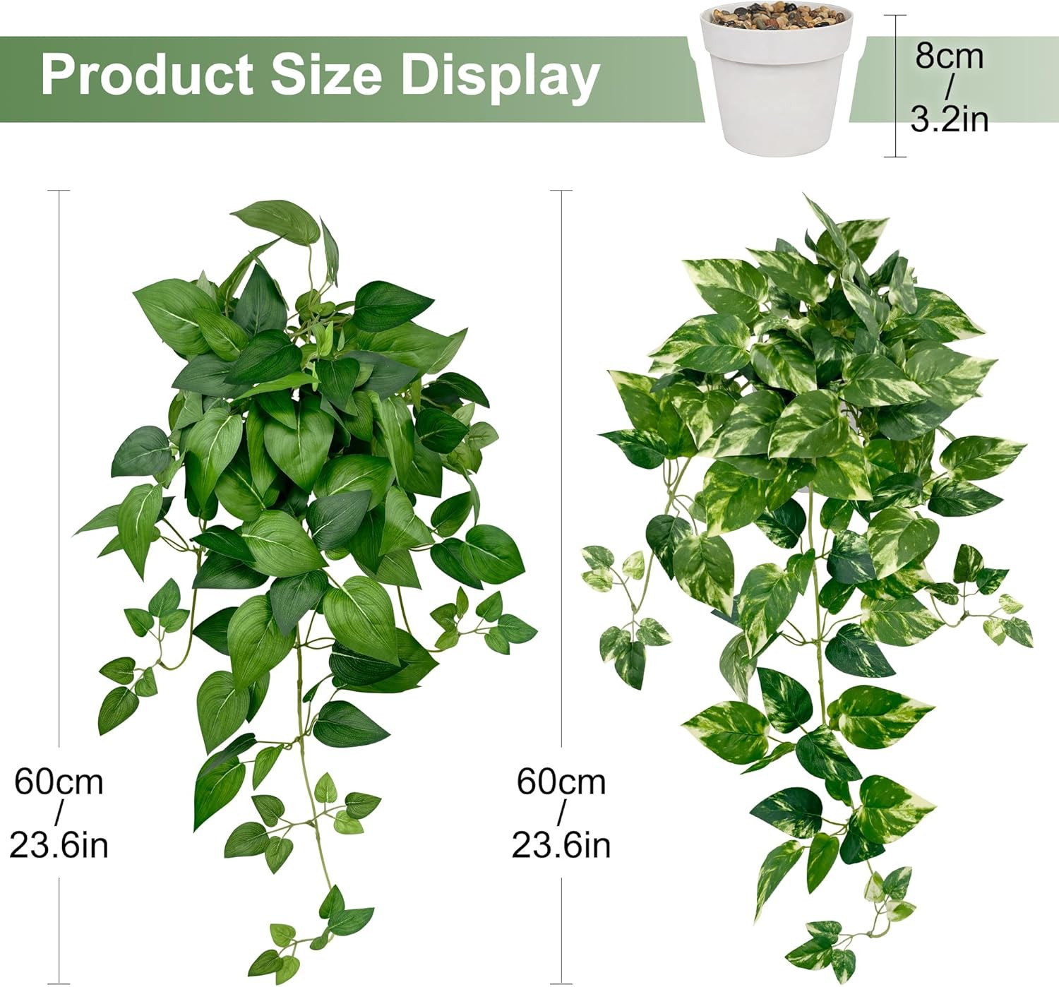 Artificial Hanging Plants with White Pots –2 Pack Fake Pothos Potted Plants Faux