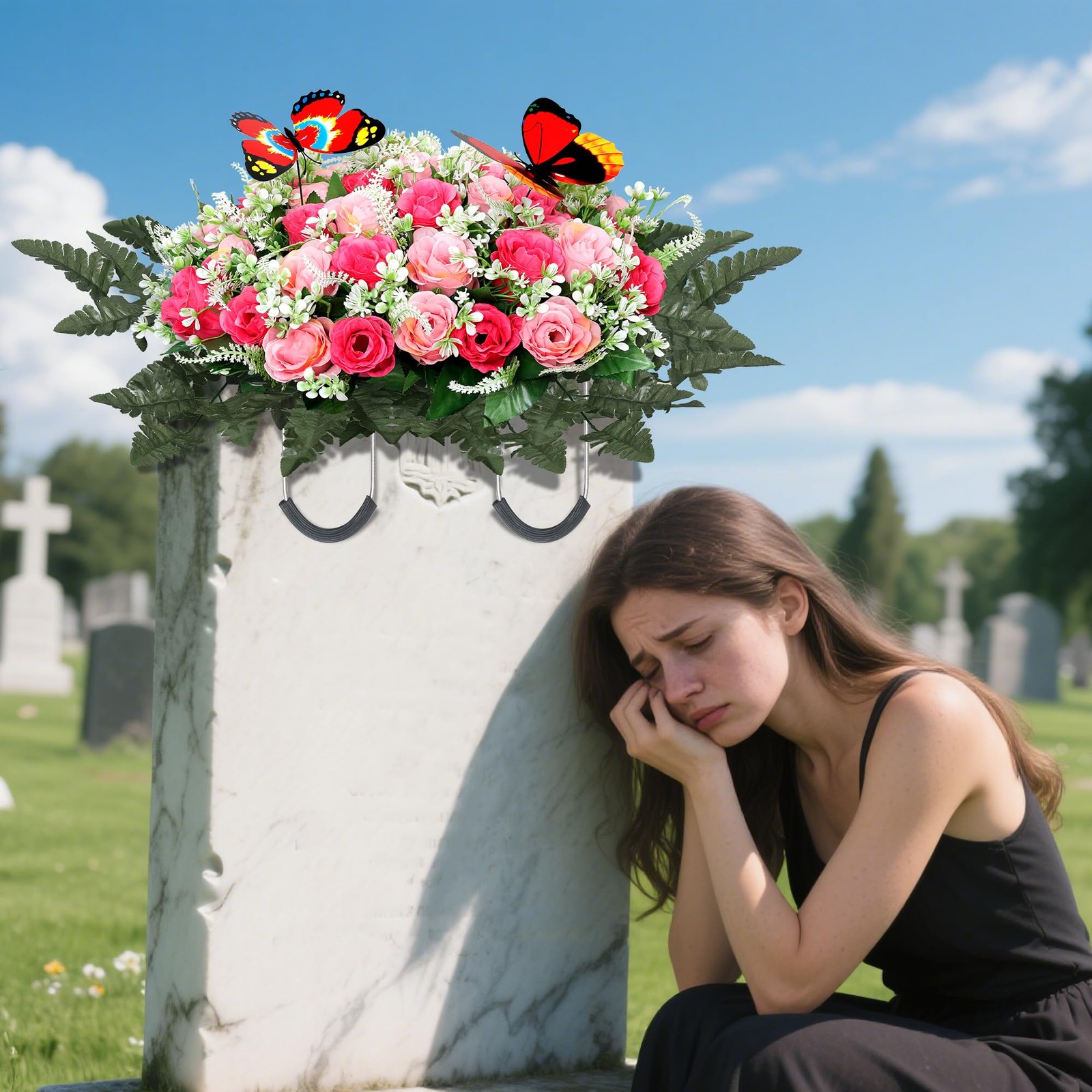 Artificial Cemetery Flowers for Grave,Large Headstone Flower Saddle Realistic…
