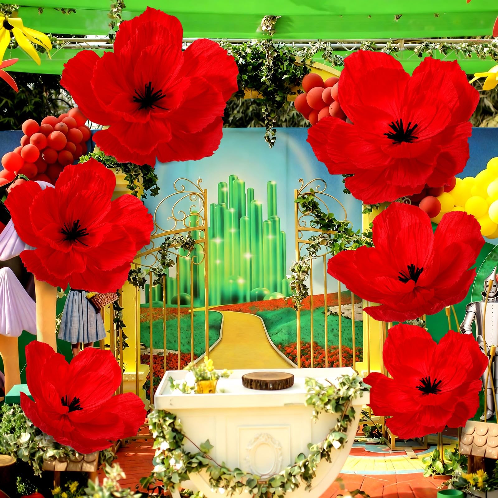6 Pcs Large Red Poppy Flowers 30” 24” 18” Halloween Giant Artificial Poppi…