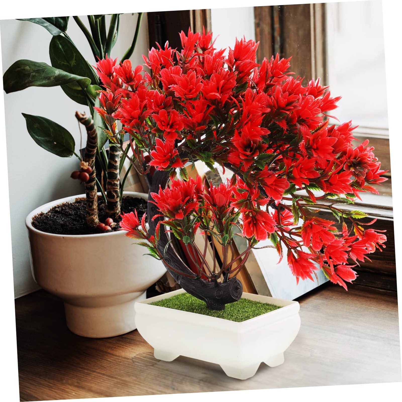 Simulated Faux Artificial Greenery Potted Flower Bonsai Plant 8.27×2.76×9.06Inch