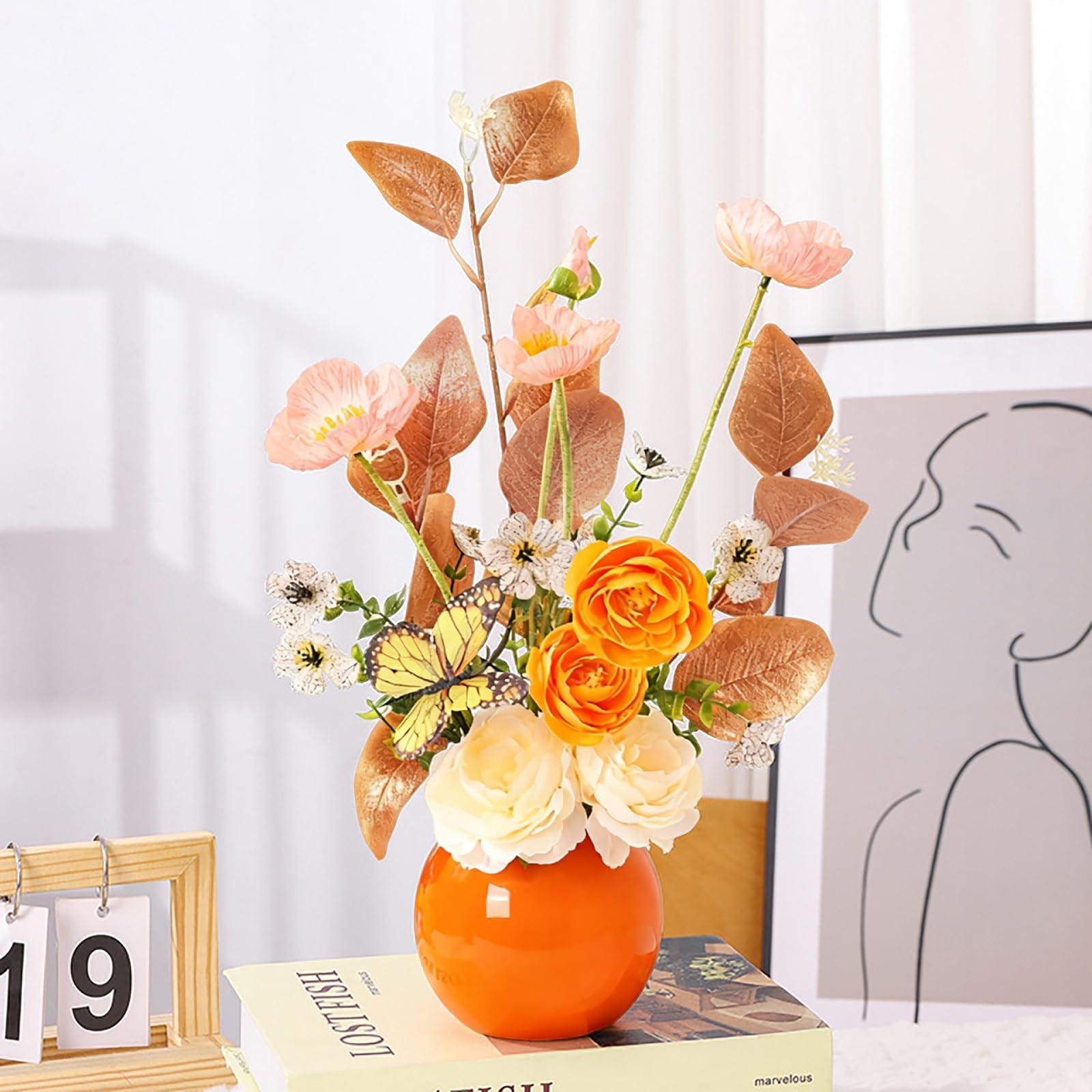 Artificial Flowers with Ceramic Vase, Fake Flowers for Home and Office Decor,…
