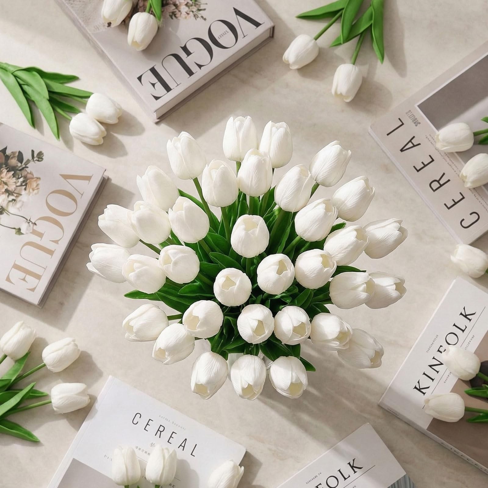 20 PCS White Tulip Artificial Flower 13.8 Inch PU Fake Bouquet Wedding Decor