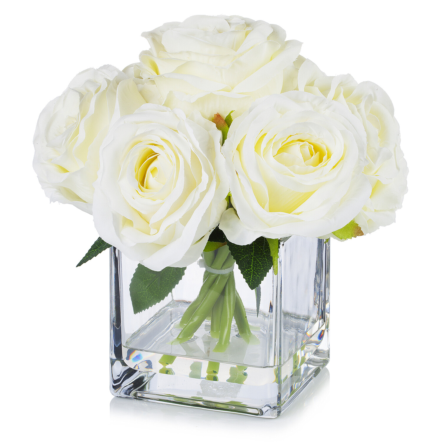 Silk Rose Artificial Flower Arrangement Centerpiece Cube Glass Vase Faux Water