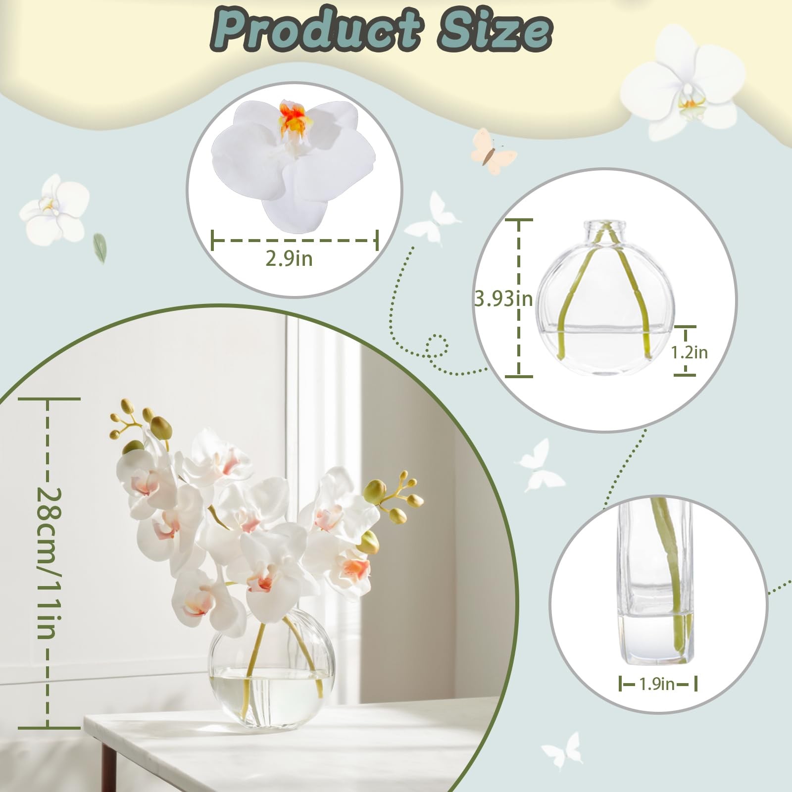 Artificial White Orchid in Glass Vase with Faux Water, 11″ Small Silk Phalaen…