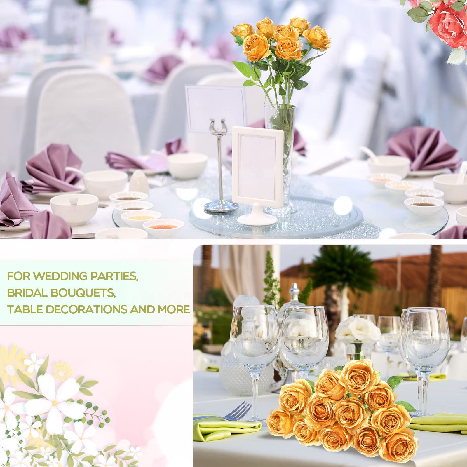 50 Pcs Artificial Rose Flower Bulk Realistic Silk Fake Roses with Long Stem Gold