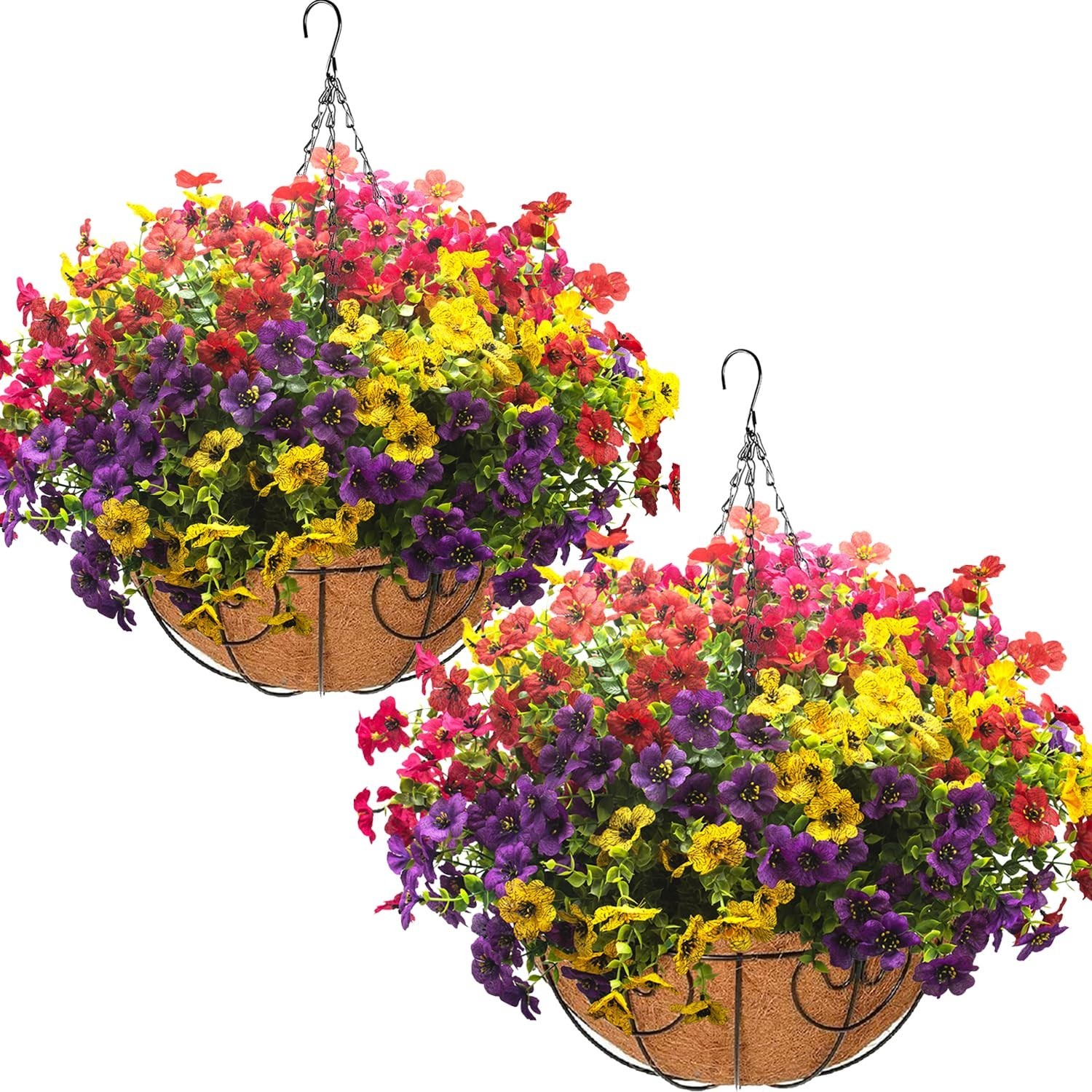 2 Set Artificial Outdoor Flowers with Hanging Baskets – 24 Pcs Planters for Gard