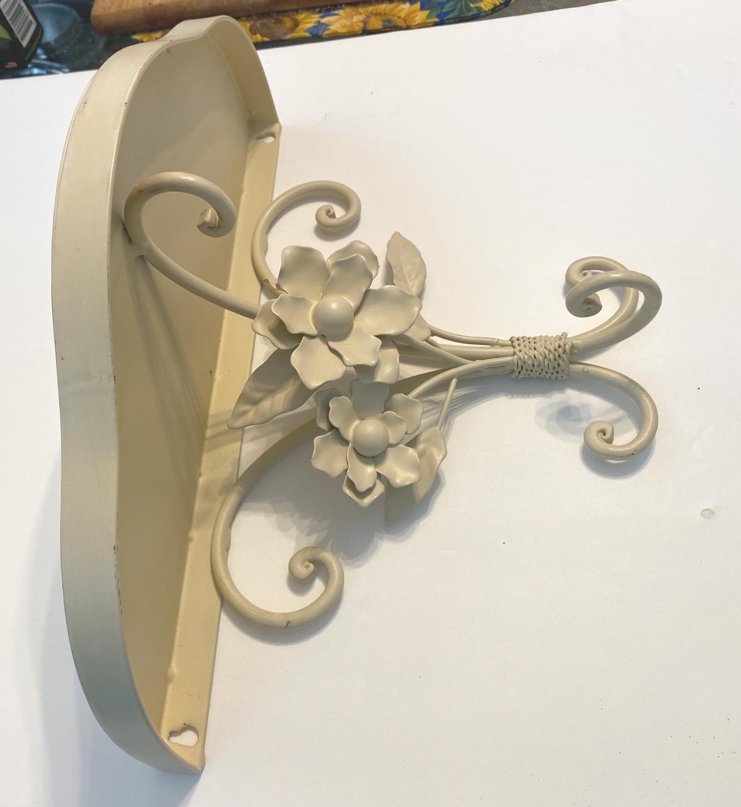 Vintage Ivory Cream off White Metal Floral Flowers Leaves Wall Shelf Beautiful!