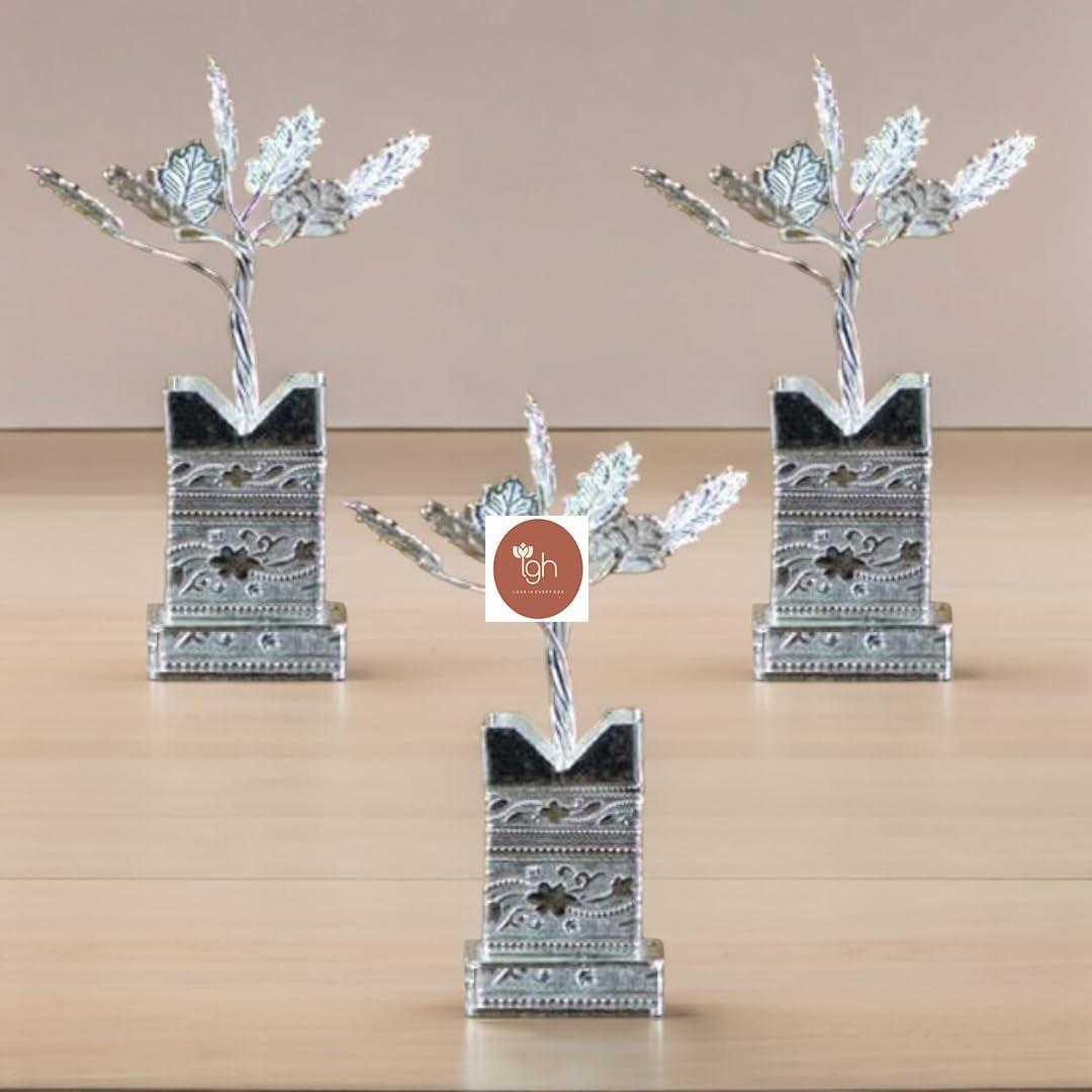 Pack of 5 Decorative Silver Plated Tulsi Plant 4 Inches | Silver Plated Brind…
