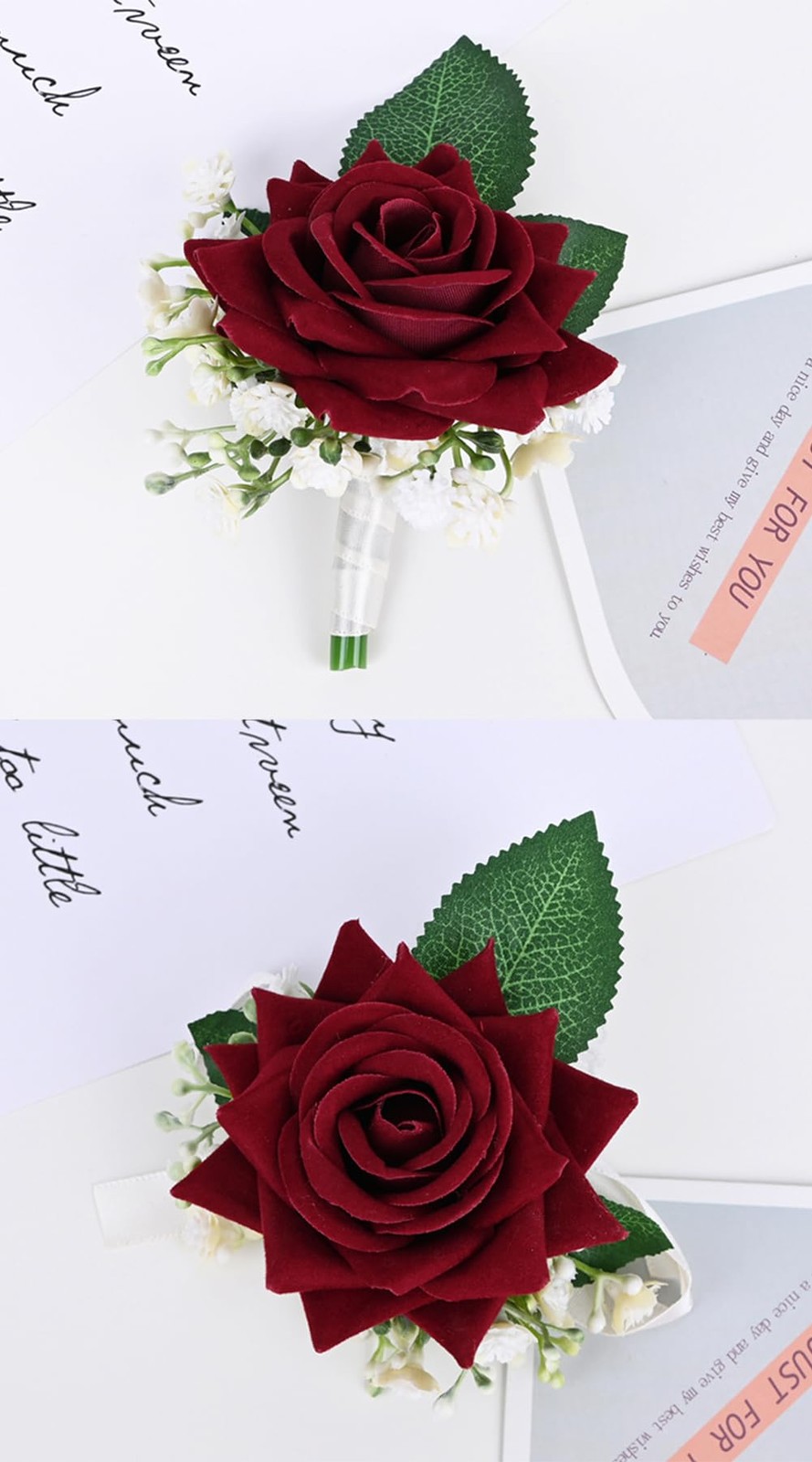 2 Pieces Boutonniere Wrist Corsage Set Artificial Rose Flowers Burgundy White