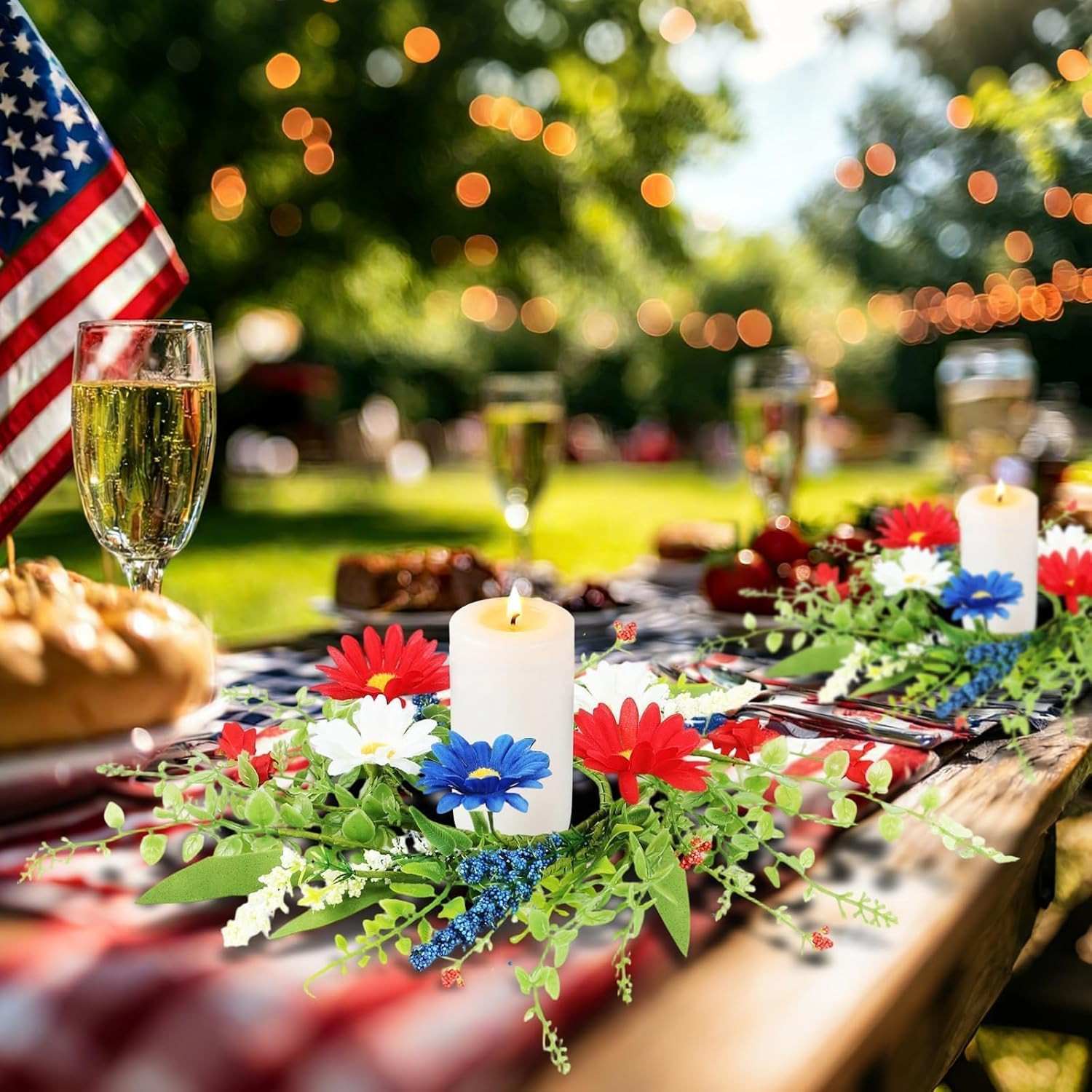 4 PCS Patriotic American Candle Rings Wreaths Artificial 4th of July Floral Cand