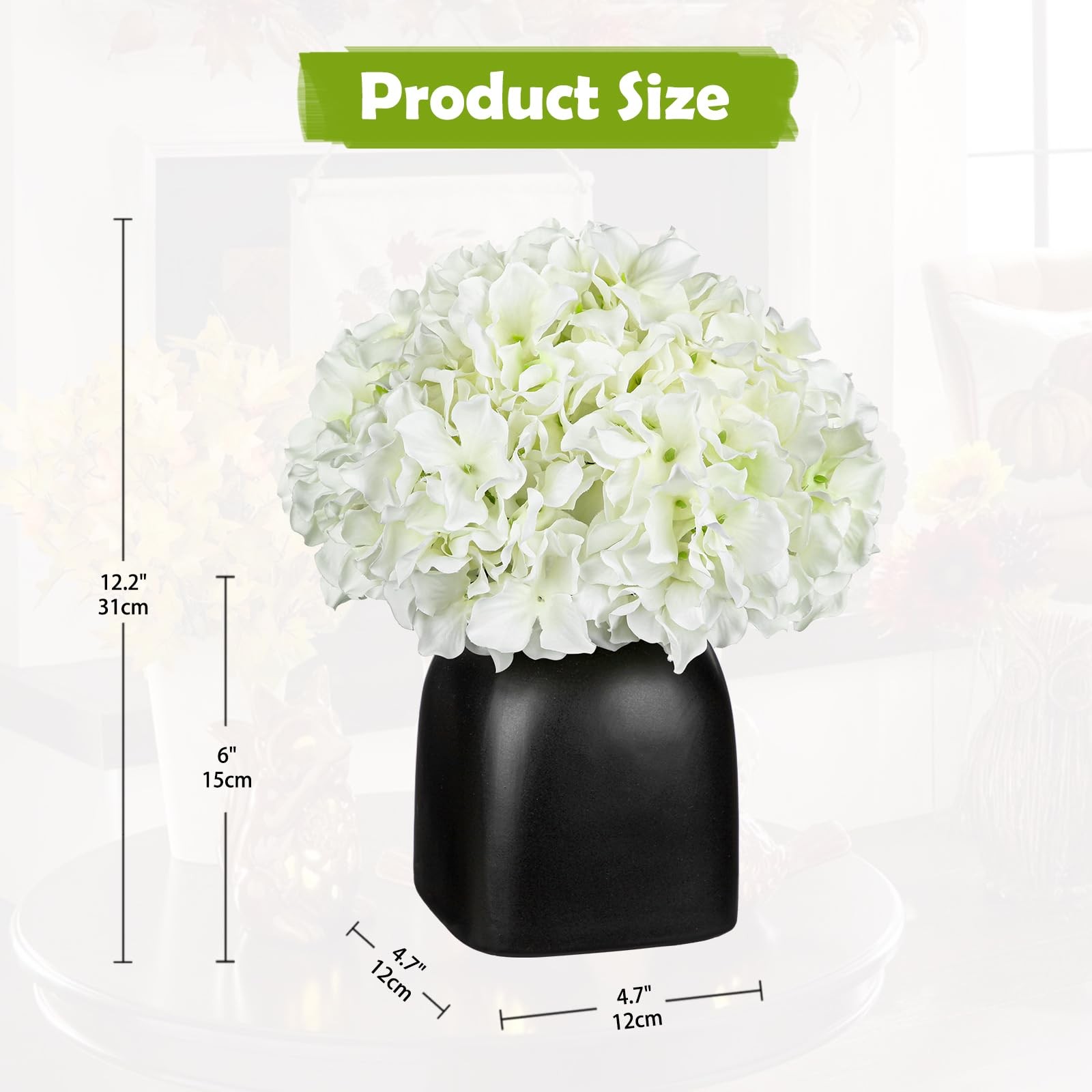 White Hydrangea Artificial Flowers in Ceramic Vase, Black Vase Farmhouse Cent…