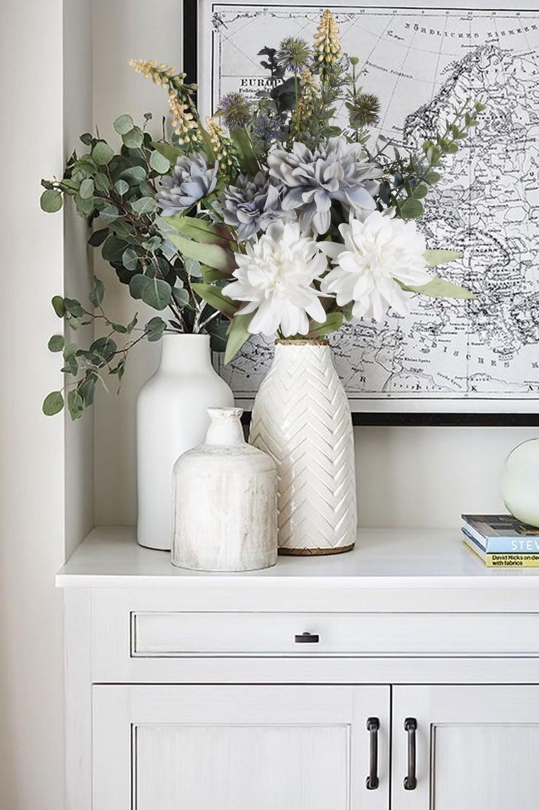 White Grey Silk Artificial Fake Faux Flower Bouquet For Vase Table Decor