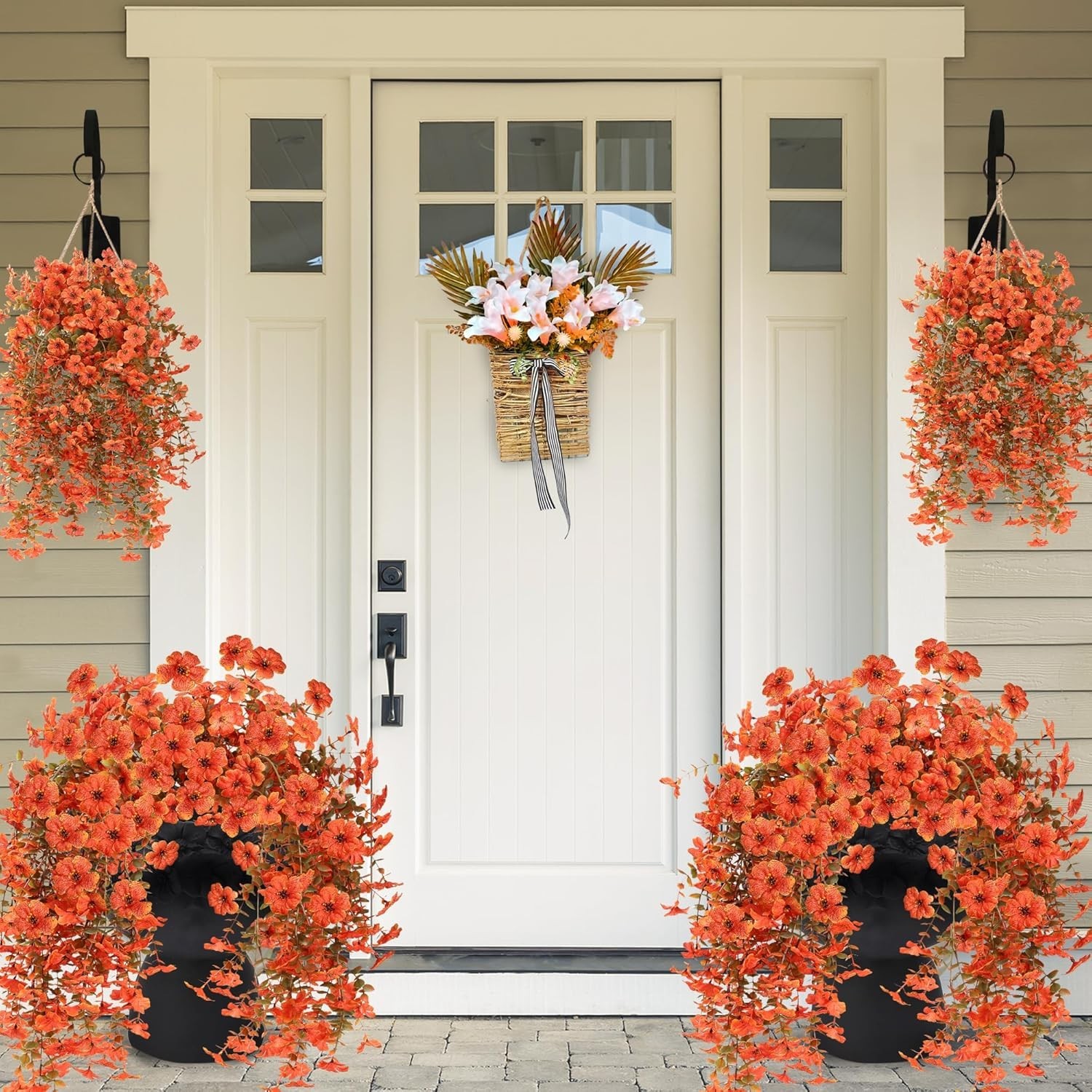 Flores Artificiales Otono 2Piezas Colgantes Exterior Resistentes UV Naranja Rojo