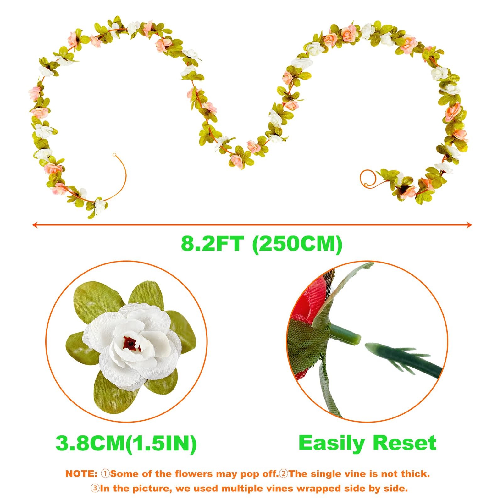 Artificial Rose Vine Garland, 8 Pcs 8.2 Ft Fake Flowers with Leaves, Spring Pink