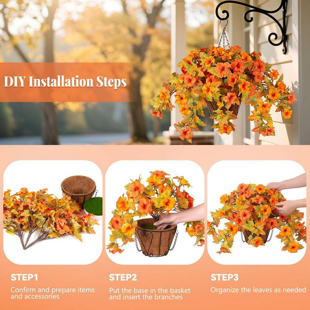 25 In. Orange Yellow Indoor/Outdoor Hanging Artificial Petunia Flowers in Brown
