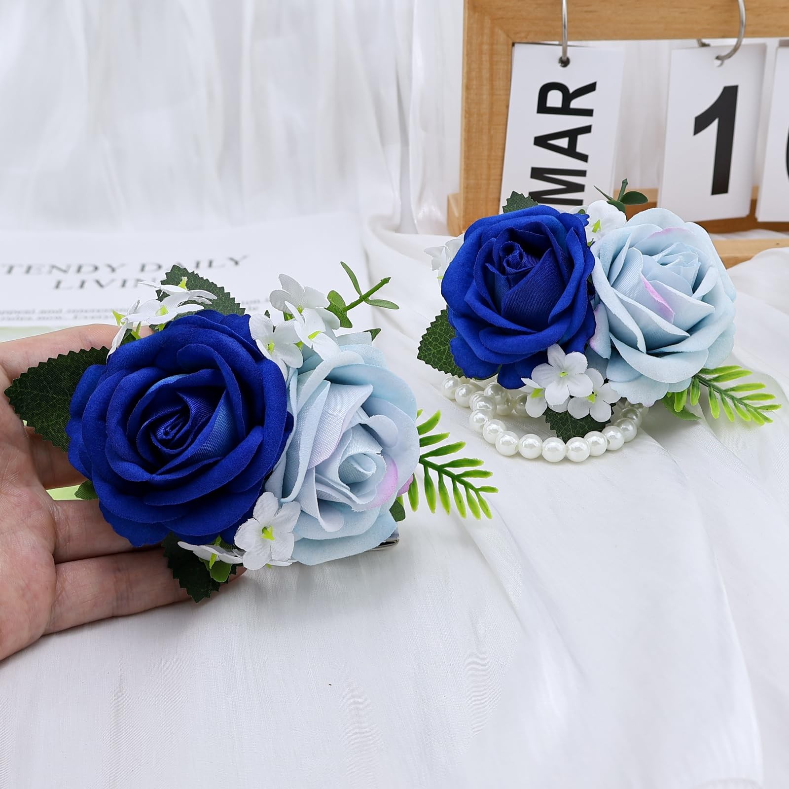 2Pcs Light Blue Blue Rose Wrist Corsage Wristlet Band and Boutonniere Set, f…