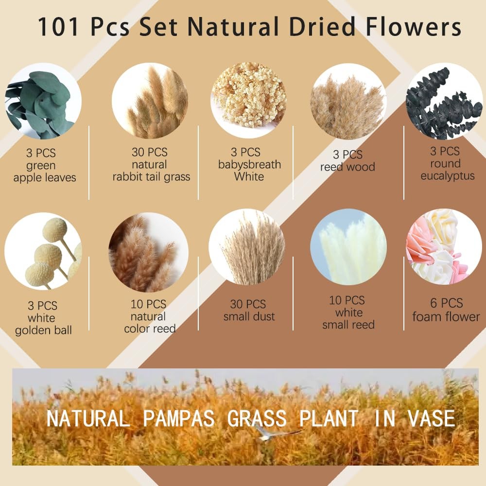 101pcs Artificial Flowers in Vase Natural Dried Pampas Grass Decor with Vase …