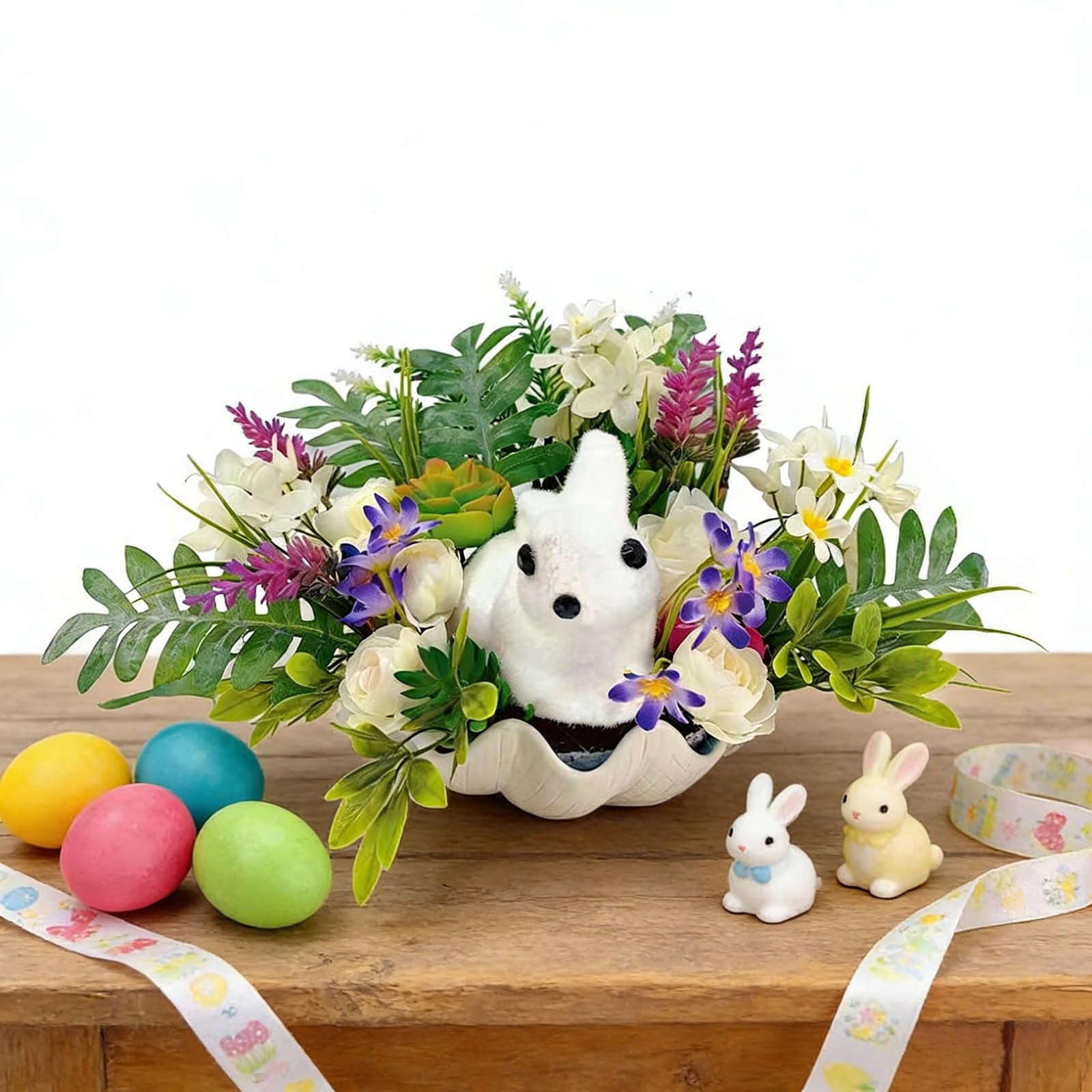 16 Inch Artificial Easter Bunny Floral Arrangement, Plush Bunny Easter Decor,…