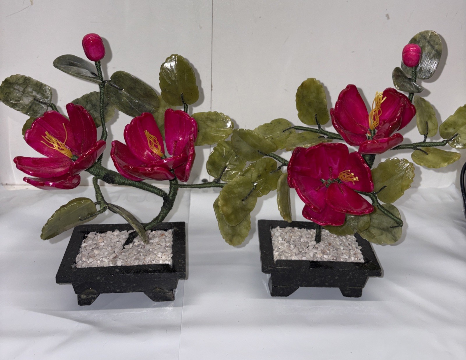 Set of 2 handcrafted Jade and glass flower Bonsai small Peony Flower Basket