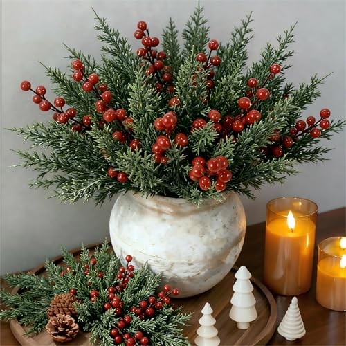Artificial Christmas Pine Branches with Red Berry Stems-Set of 45 Greenery