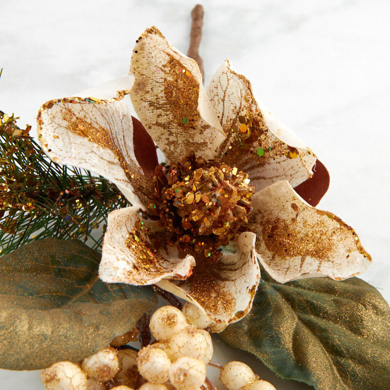 Set of 2 Gold Glittered Artificial Magnolia 14-1/2″ Sprays