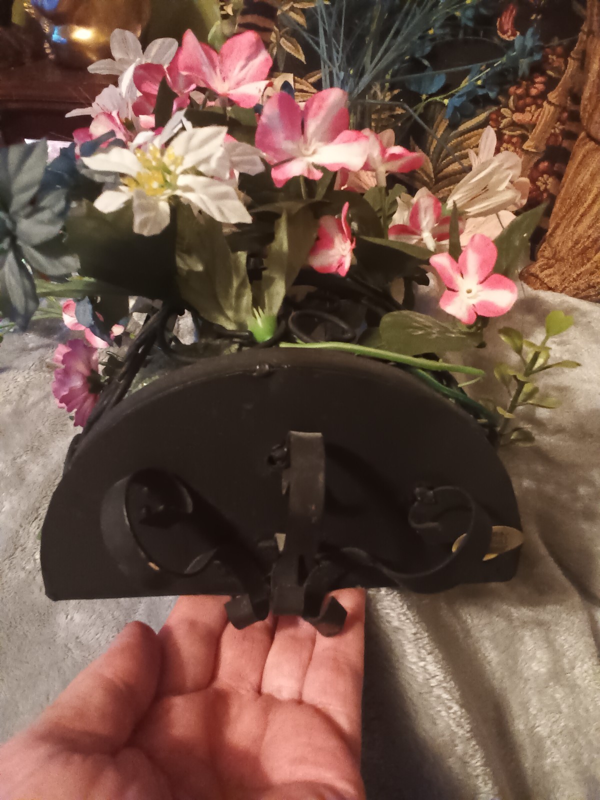 Large HODA black Iron metal half cage wall artificial flower arrangement.