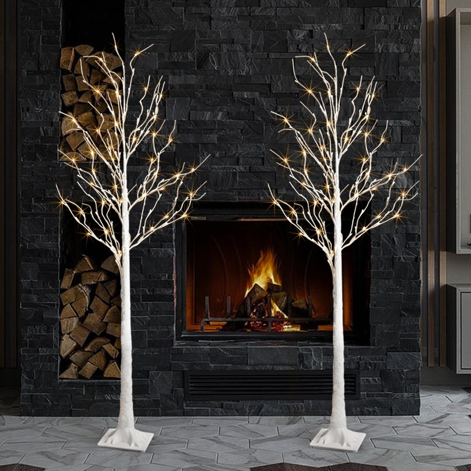 Birch Tree Lights,2 Pack 6 Feet Prelit White Artificial Christmas Trees,Birch…