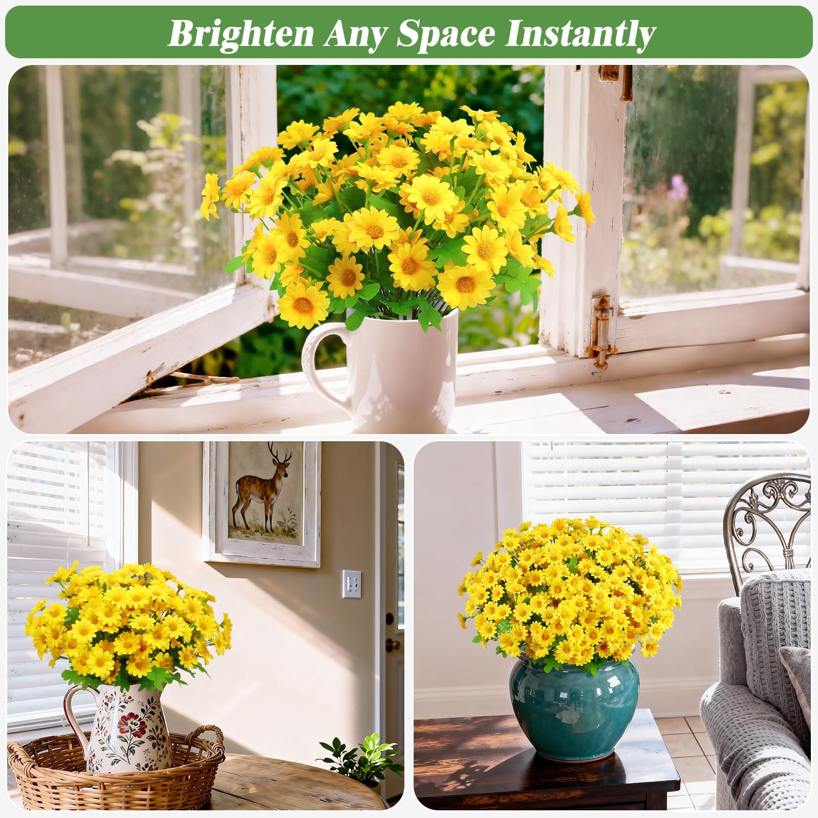 Fake Flowers, 12 Bundles Yellow Daisy Flowers, Uv-Resistant Artificial Outdoo…