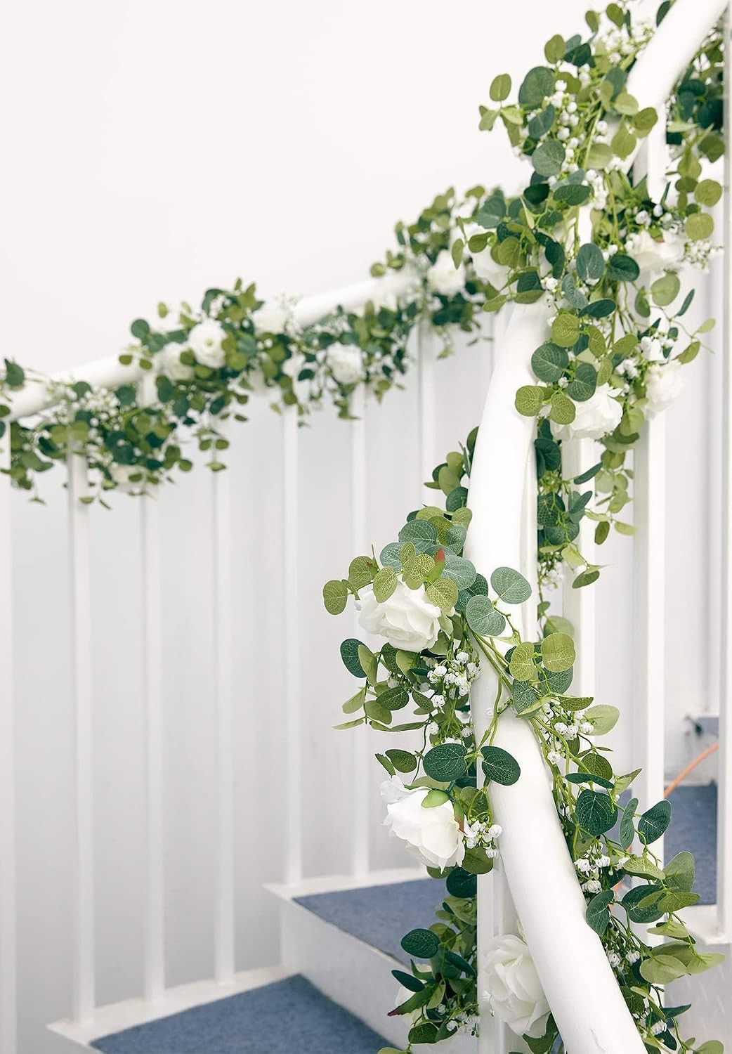 2PCS 5.91FT Artificial Eucalyptus Garland with Flowers, Fake Rose Gypsophila Gar
