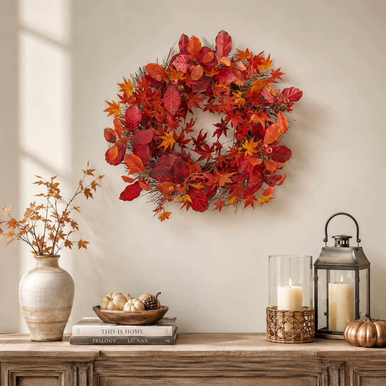 22″Japanese MapleMagnolia Leaf Berries Artificial Wreath