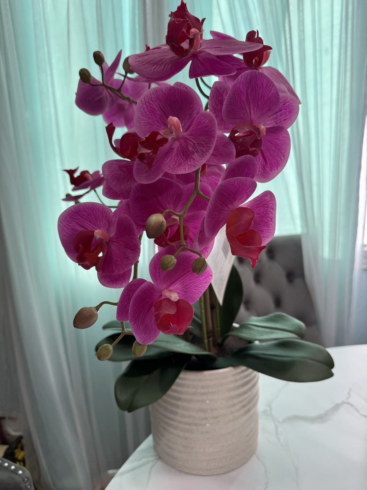 Potted Faux Artificial Flowers Realistic Purple Fuchsia Orchid in Pot Home Decor