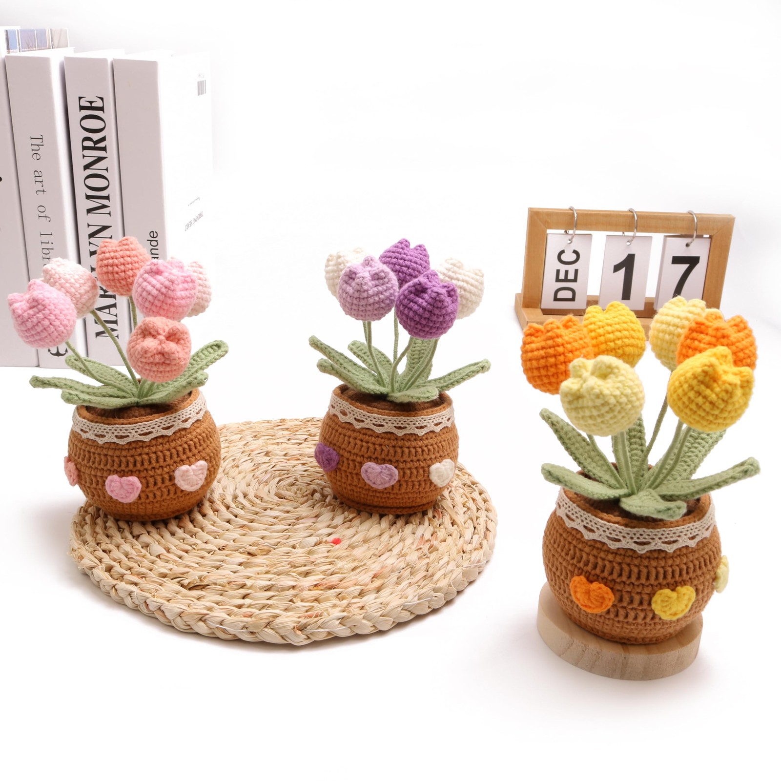 Pink Crocheted Tulip Bouquets Hand Woven Artificial Flowers 6 PCS Gift