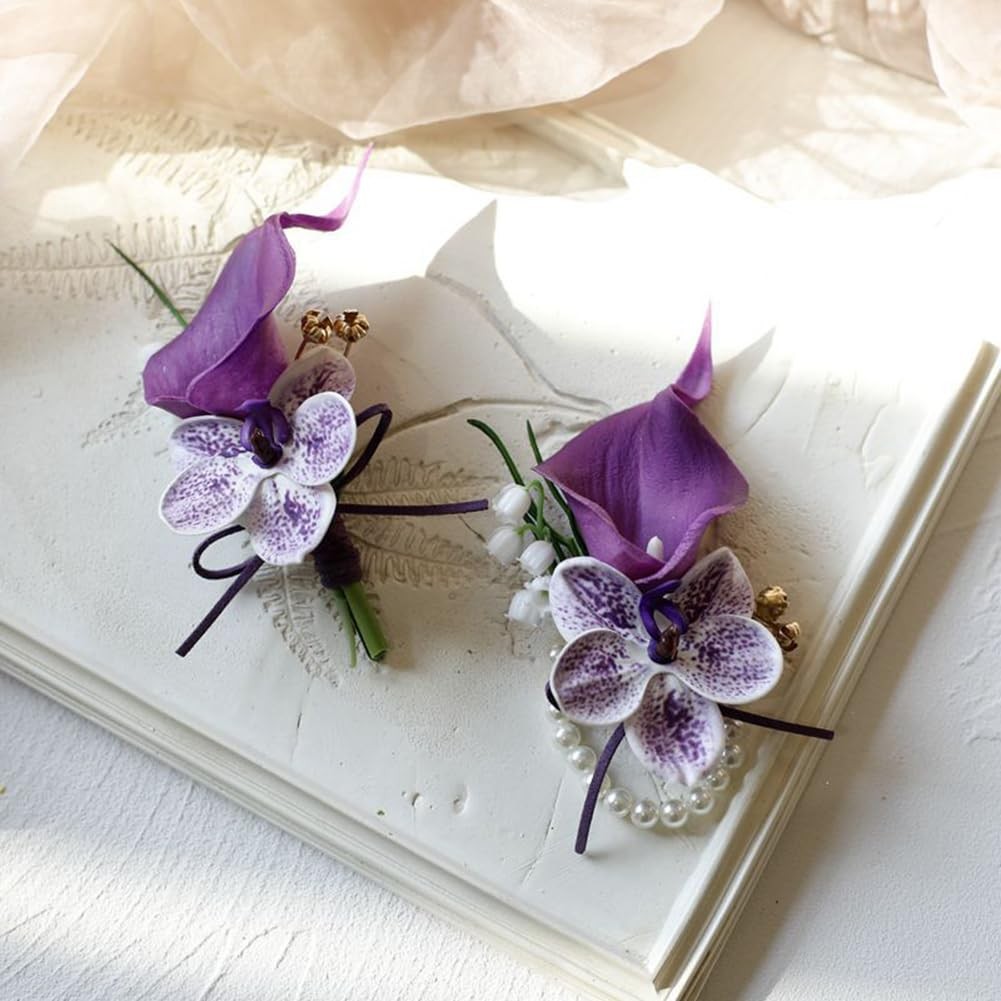 2 Pieces Corsage and Boutonniere Set, Artificial Calla Lily& Orchid Flowers A…