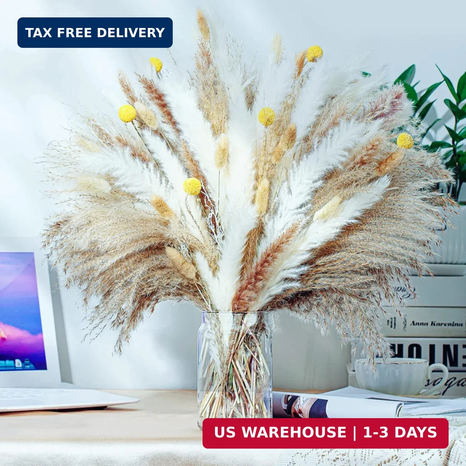 100PCS Natural Dried Pampas Grass Decor – 17.5″ Fluffy Pampas Grass Bouquet – Bo