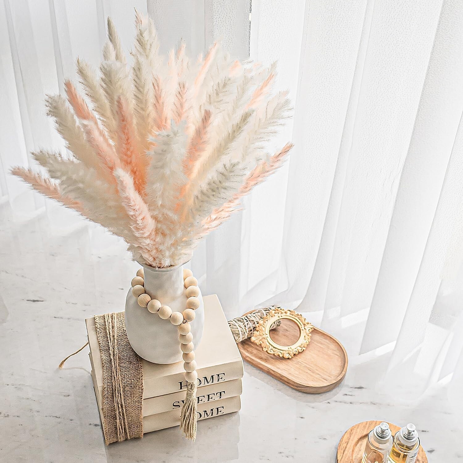 17 Inch Pink & White 30 pcs Pampas Grass with Wooden Elegant Beads – No Vase